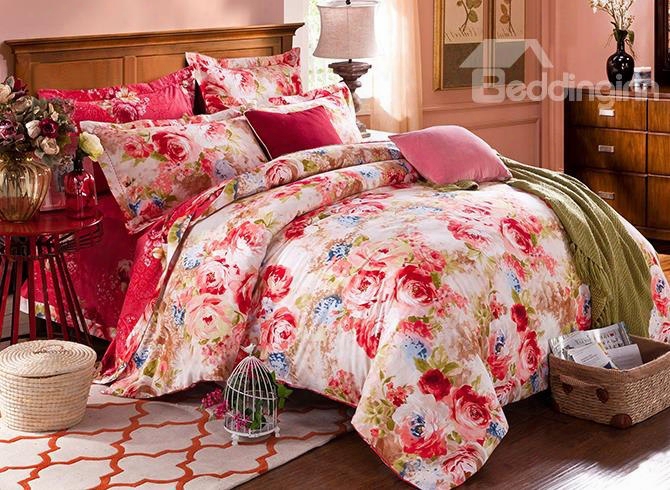 Peonies Print Bright Pink 4-piece Cotton Duvet Cover Sets
