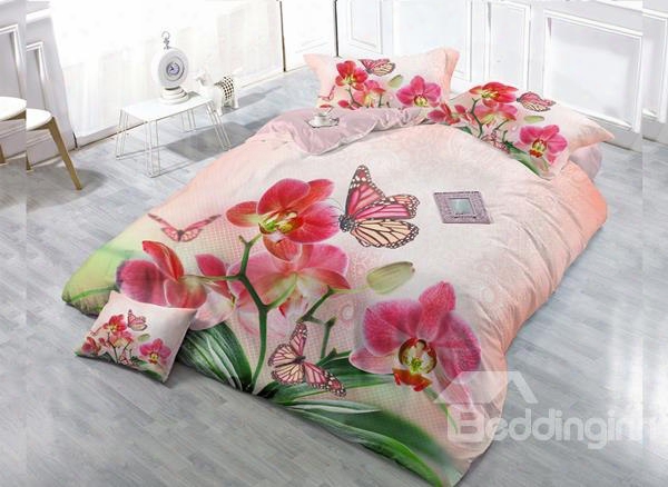 Pink Flower And Butterfly 4-piece High Density Satin Drill Duvet Cover Sets