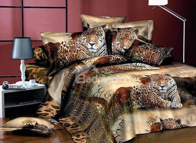 Powerful Crouching Leopard Print European Style Plyester 4-piece Duvet Cover Sets