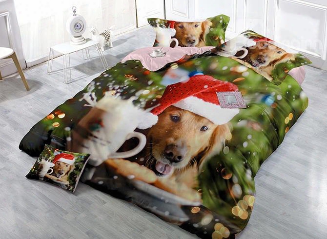 Pup Wearing Christmas Hat Print Satin Drill Green 4-piece Christmas Duvet Cover Sets