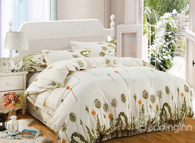 Refreshing Green Dandelion Print 4-piece Polyester Duvet Cover Sets