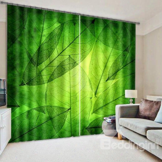 Refreshing Green Leaves Printed Custom Living Room And Bedroom 3d Curtain