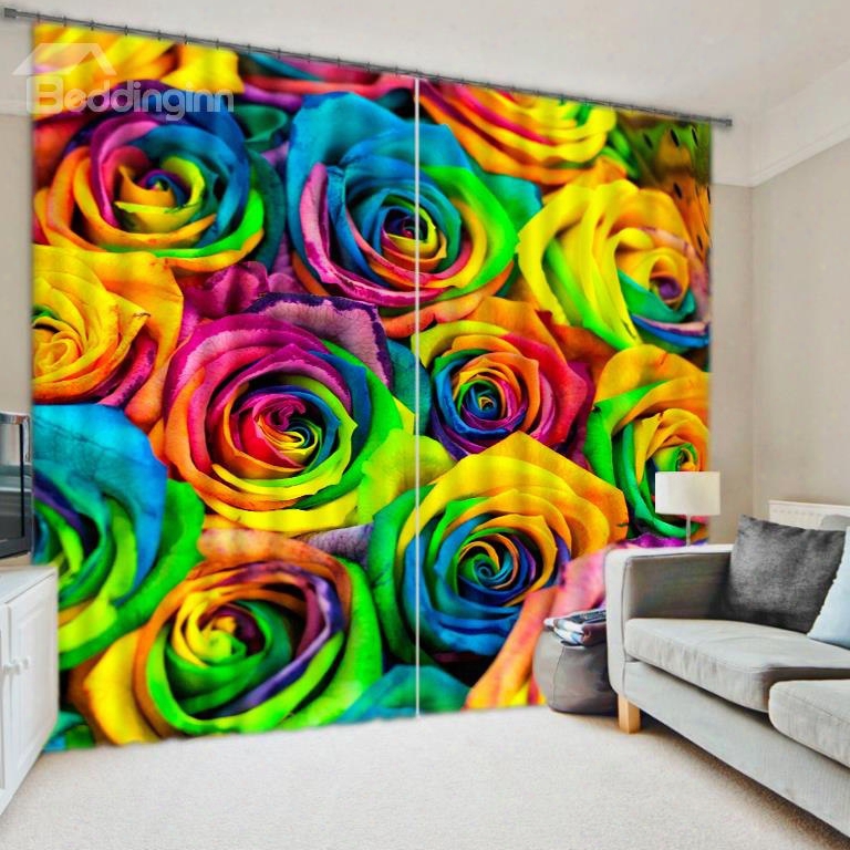 Romantic Colored Roses Printed 2 Panels Custom Decorative 3d Curtain