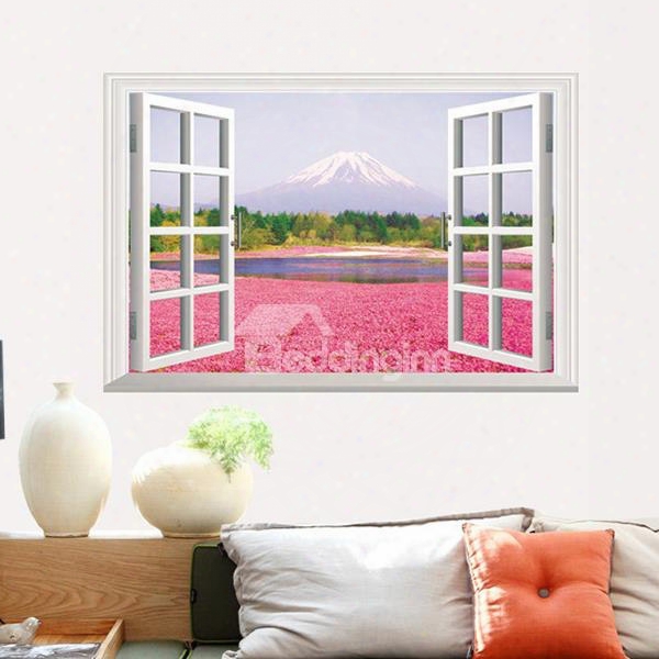 Romantic Natural Scenery Window View Pink Flower Sea 3d Wall Sticker