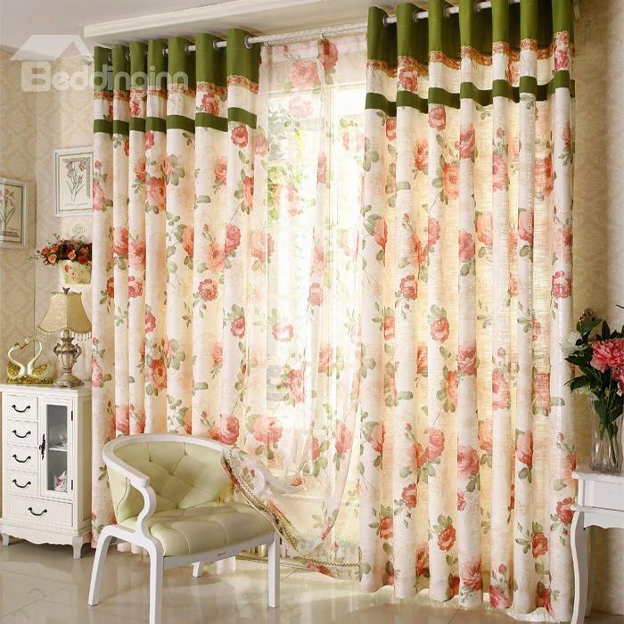 Romantic Pastoral Style Red Floral Pattern Grommet Top Curtain