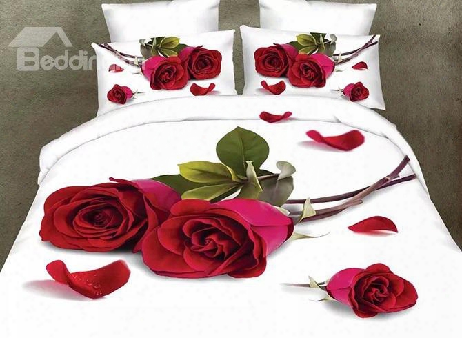 Romantic Red Rose And Petals Design 4-piece Polyester Duvet Cover Sets