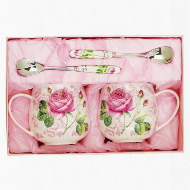 Romantic Roses Pattern 1-pair Ecramic Coffee Mug Sets Gift Ideas