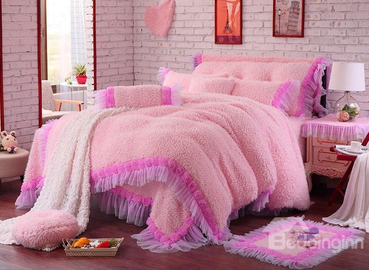 Rose And Lace Edging Pink 4-piece Coral Fleece Kids Duvet Cover Sets