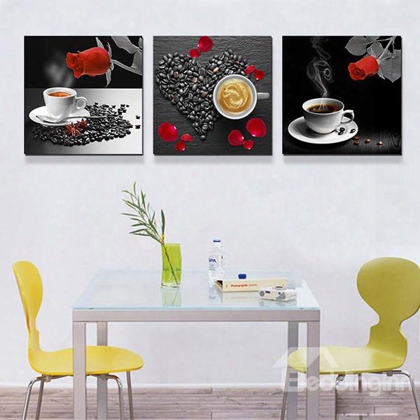 Roses And Coffee 3-piece Crystal Film Art Wall Prints