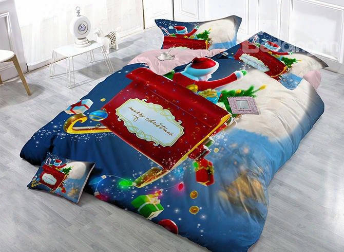 Santa Claus On Sleigh Print Satin Drill 4-piece Christmas Duvet Cover Sets