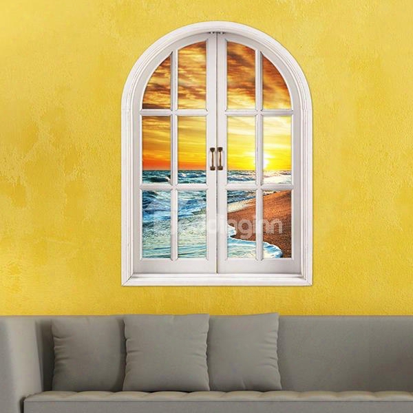 Seawaves On The Beach Window View Removable 3d Wall Stickers