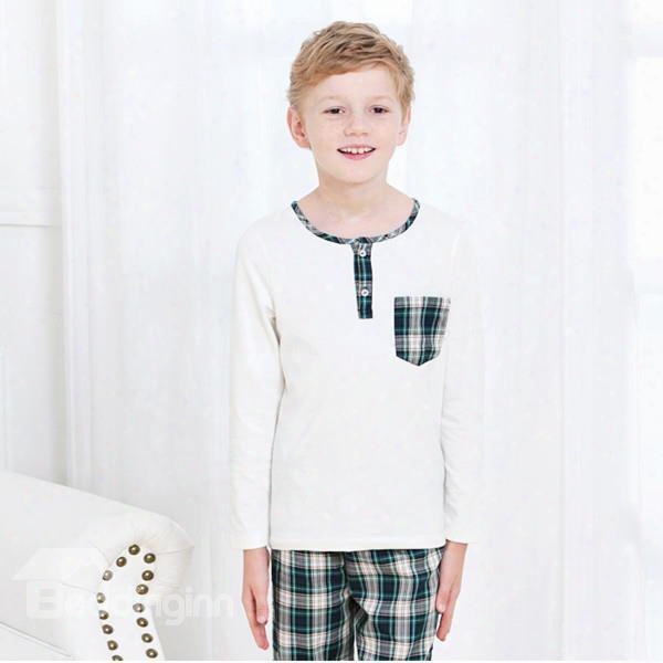 Spring And Summer Pure Cotton Long Sleeve British Style Boys Pajamas