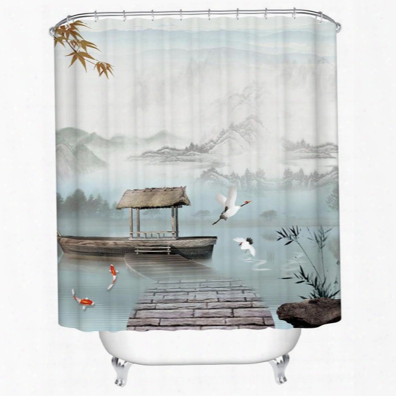 Unique Chinese Ink And Wash Painting Image Shower Curtain