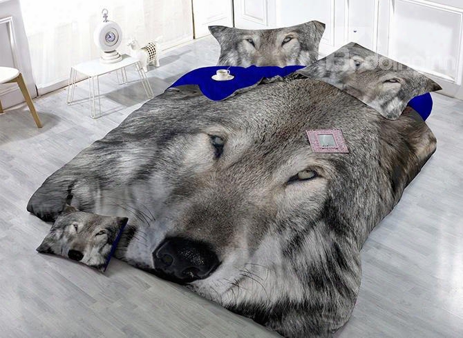 Vigorous 3d Gray Wolf Print Satin Drill 4-piece Cotton Duvet Cover Sets