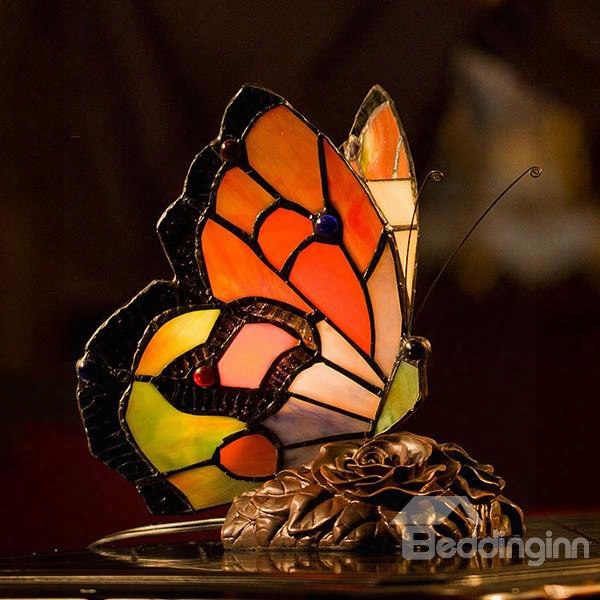 Vintage European Butterfly Nightlight Tiffany Bedside Lamp