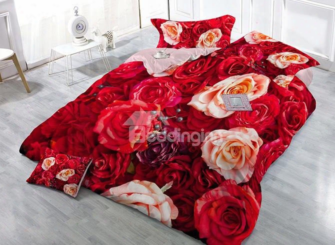 Vivacious Red Flowers Print Satin Drill 4-piece Duvet Cover Sets