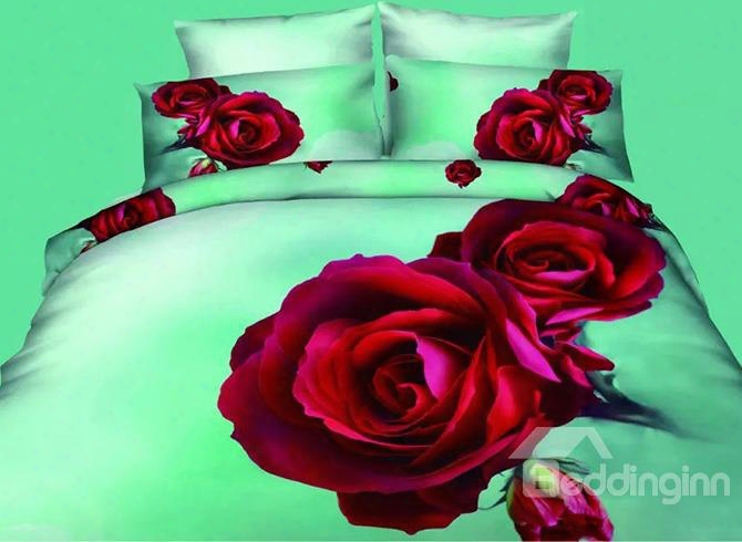 Vivid Red Roses Design Refreshing Green 4-piece Polyester Duvet Cover Sets