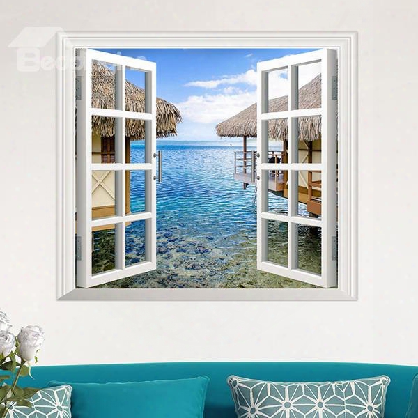 Wonderful Seaside Cottage Window View Removable 3d Wall Sticker