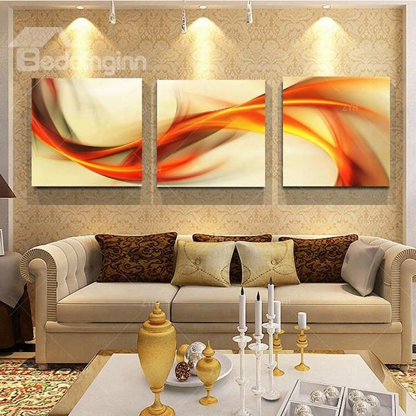 20␔20in␔3 Panels Orange Curved Lines Hanging Canvas Waterproof And Eco-friendly Framed Prints