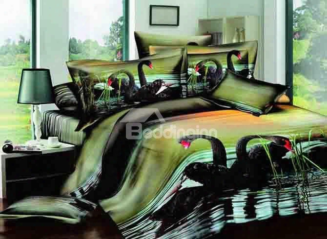 3d Black Swans On Lake Printed Cotton 4-piece Bedding Sets/duvet Covers