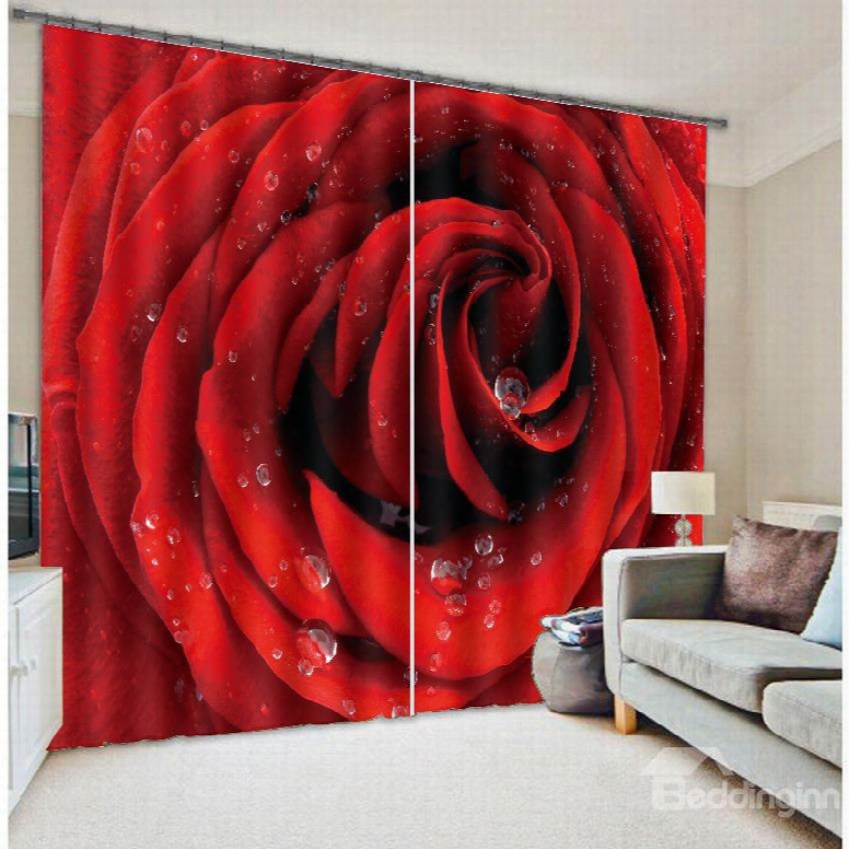 3d Blooming Dewy Red Rose Printed Romantic Style Custom Shading Curtain For Living Room