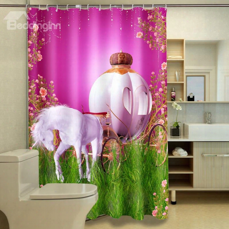 3d Carriage Printed Polyester Rose-red Bathroom Shower Curtain