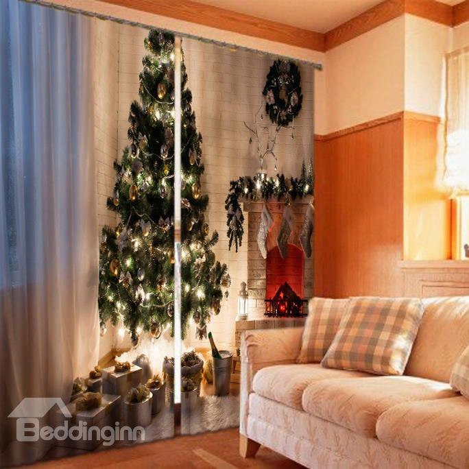 3d Christmas Tree With Decorative Things Printed Custom Living Room Curtain