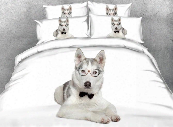 3d Doctor Husky Dog Printedcotton 4-piece White Bedding Sets/duvet Covers