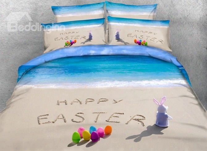 3d Easter Bunny And Beach Scenery Cotton 4-piece Bedding Sets/duvet Covers