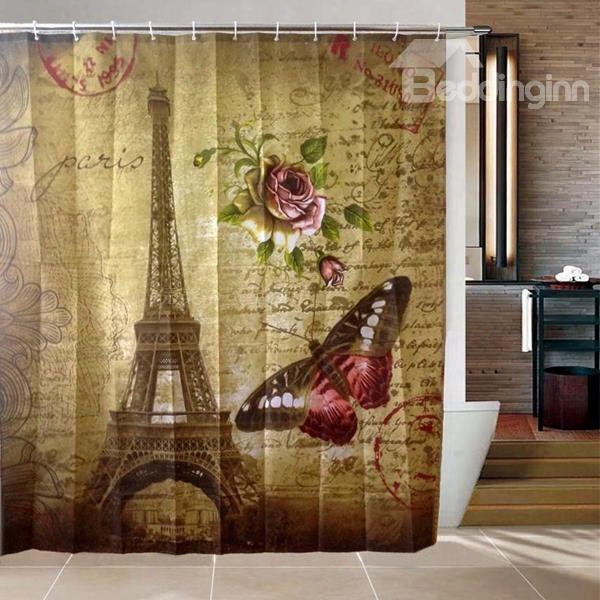 3d Eiffel Tower And Butterfly Printed Polyester Bathroom Shower Curtain