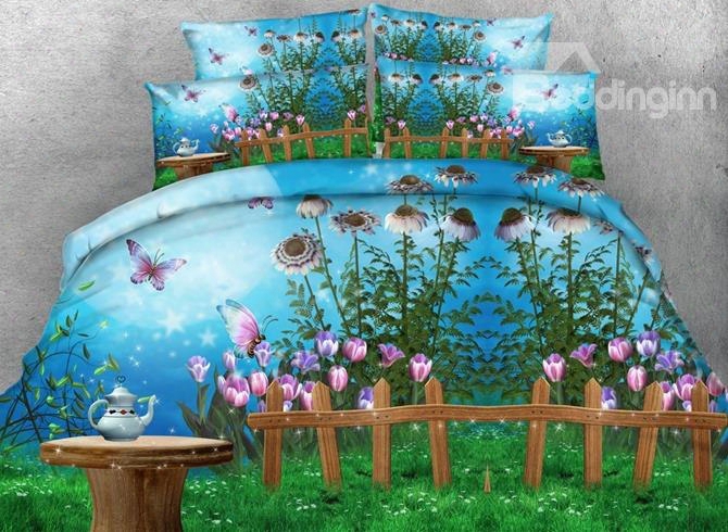3d Fairyland And Butterfly Under The Moonlight Printed 5-piece Comforter Sets