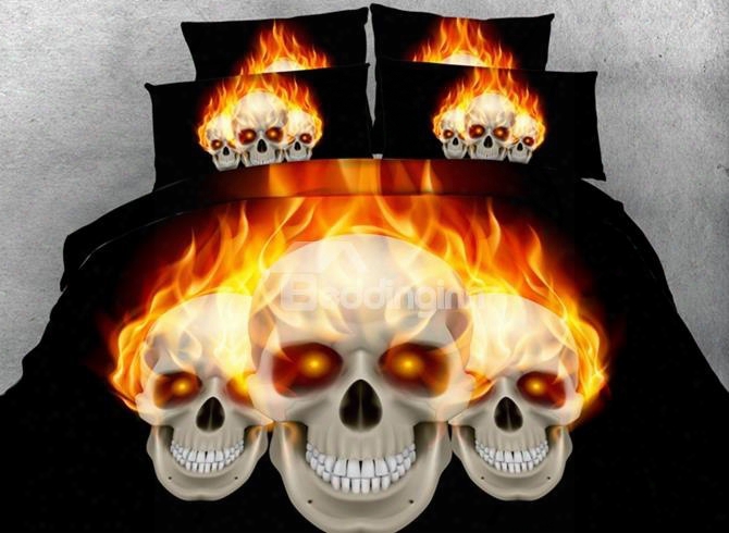 3d Fiery Skull Printed 5-piece Black Comforetr Sets