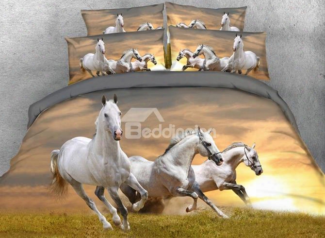 3d Galloping White Horses Printed Cotton 4-piece Bedding Sets/duvet Covers