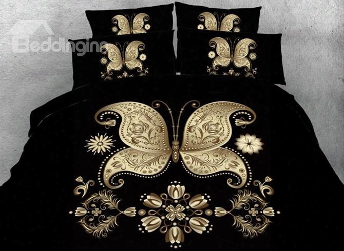 3d Golden Butterfly Printed Black 5-piece Comforter Sets