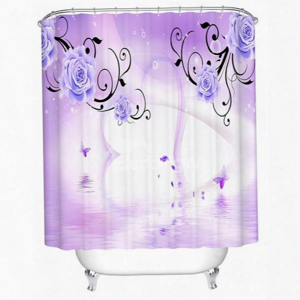 3d Heart Shape And Roses Printed Polyester Light Purple Shower Curtain