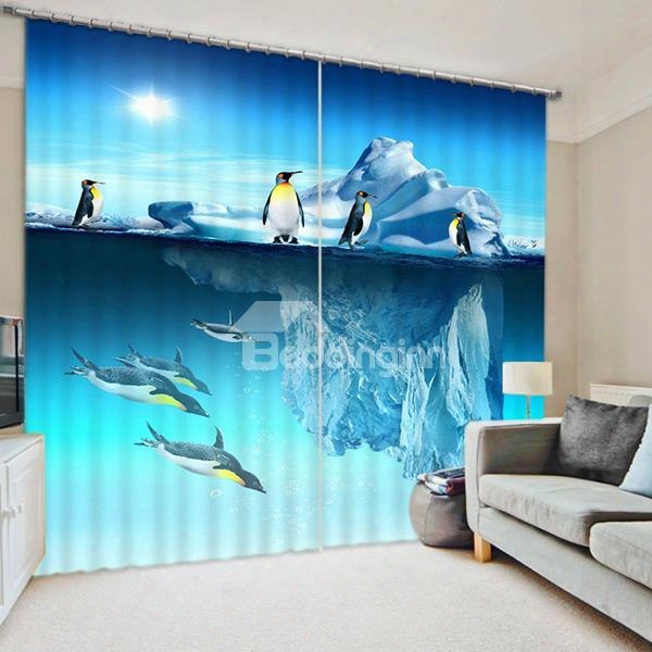 3d Iceberg And Penguins Printed Wonderful Scenery Decorative Custom Living Room Curtain