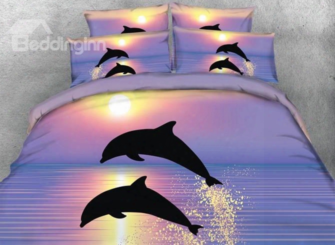 3d Jumping Dolphins Printed Cotton 4-piece Purple Bedding Sets /duvet Covers