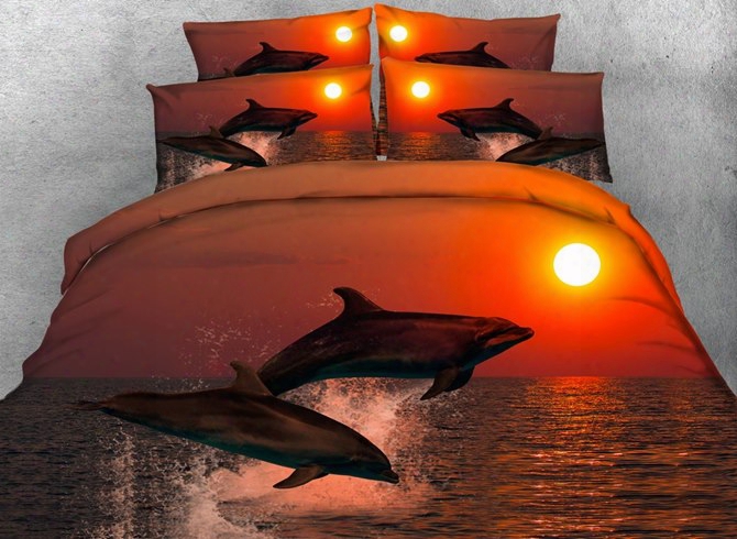 3d Jumping Dolphins Under The Setting Sun Printed 5-piece Comforter Sets