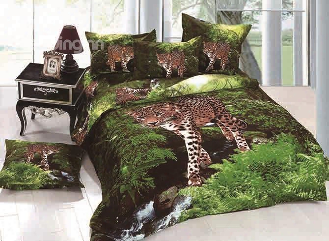 3d Leopard Wandering In Forest Printed Cotton 4-piece Bedding Sets/duvet Covers