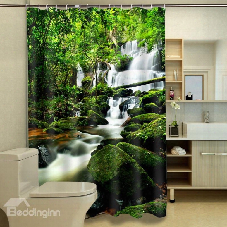 3d Luxuriant Forest And Stream Printed Polyester Green Shower Curtain
