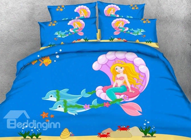 3d Mermaid Fairy And Dolphins Printed 5-piece Comforter Sets