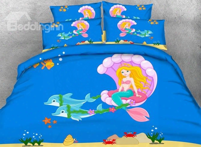 3d Mermaid Fairy And Dolphins Printed Cotton 4-piece Blue Bedding Sets/duvet Covers