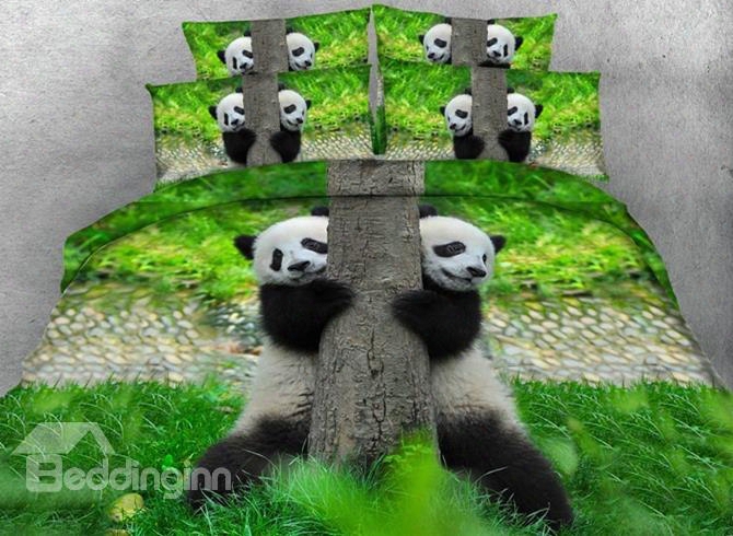 3d Pandas Climbing Tree Printed Cotton 4-piece Bedding Sets/duvet Covers