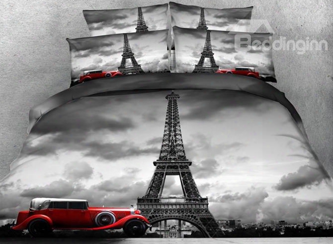 3d Paris Eiffel Tower And Vintage Car Printed Cotton 4-piece Bedding Sets