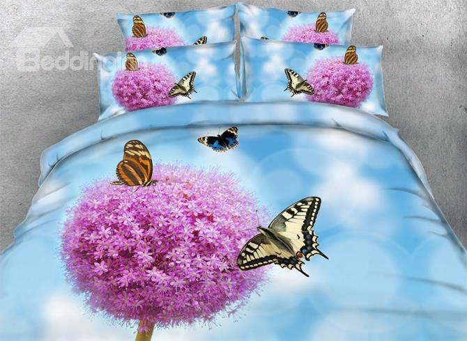 3d Pink Dandelion And Butterflies Printed 5-piece Comforter Sets