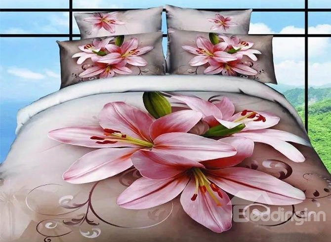 3d Pink Lily Printed Elegant Cotton 4-piece Bedding Sets/duvet Cover