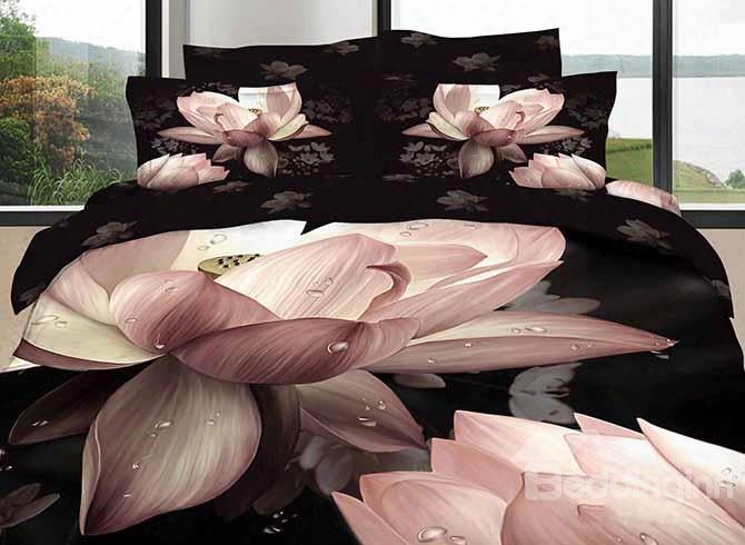 3d Pink Lotus Printed Cotton 4-piece Black Bedding Sets/duvet Cover