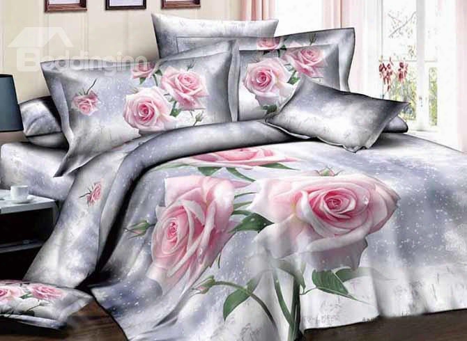 3d Pink Roses Printed Luxury Cotton 4-piece Bedding Sets/duvet Cover