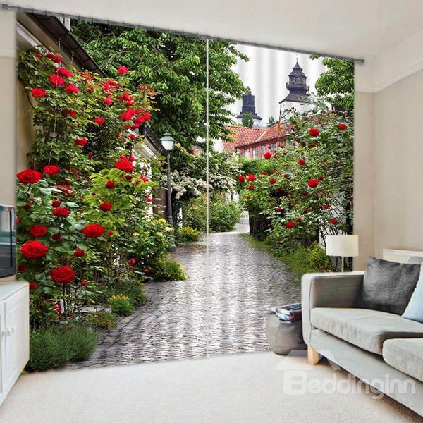 3d Printed Green Lane With Red Roses Natural Style Decoration Custom Polyester Curtain