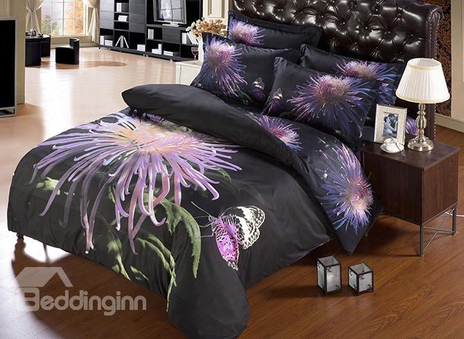 3d Purple Chrysanthemum And Butterfly Printed Polyester 5-piece Comforter Sets